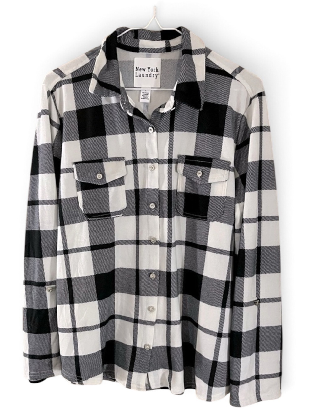 Black/White Plaid Stretch Button Down Top